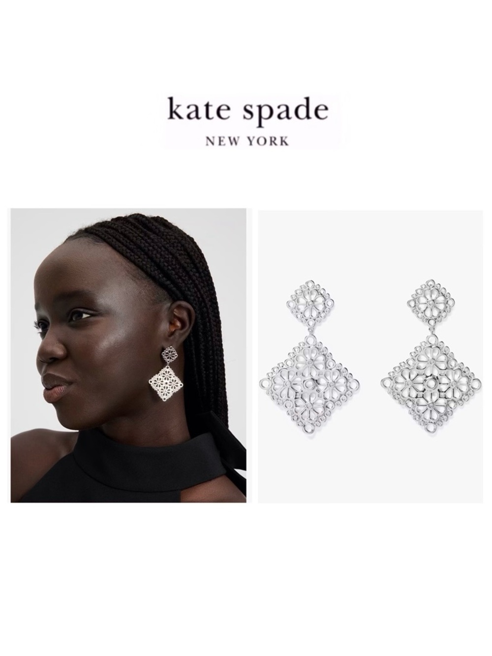 NWT Kate Spade ♠️ SPADE FLOWER Silver Plated Brass Lace Drop Earrings